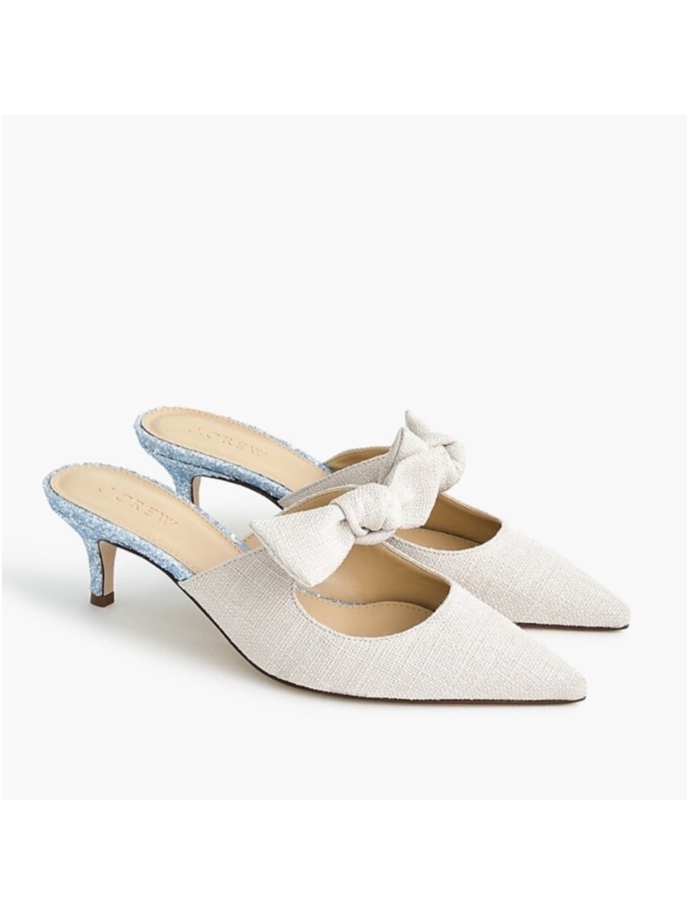 J.CREW Sophia Chic Cream Linen and Baby Blue Bow Mules Glitter Size 9.5